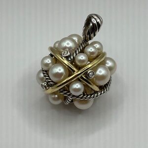$1,950 DAVID YURMAN SS 18k Yellow Gold Pearl Diamond Crossover Cluster Pendant